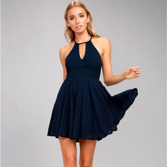 Lulus Navy Blue Keyhole Halter Dress Flared A-Line Sleeveless Back Zipper Size M - Picture 4 of 12